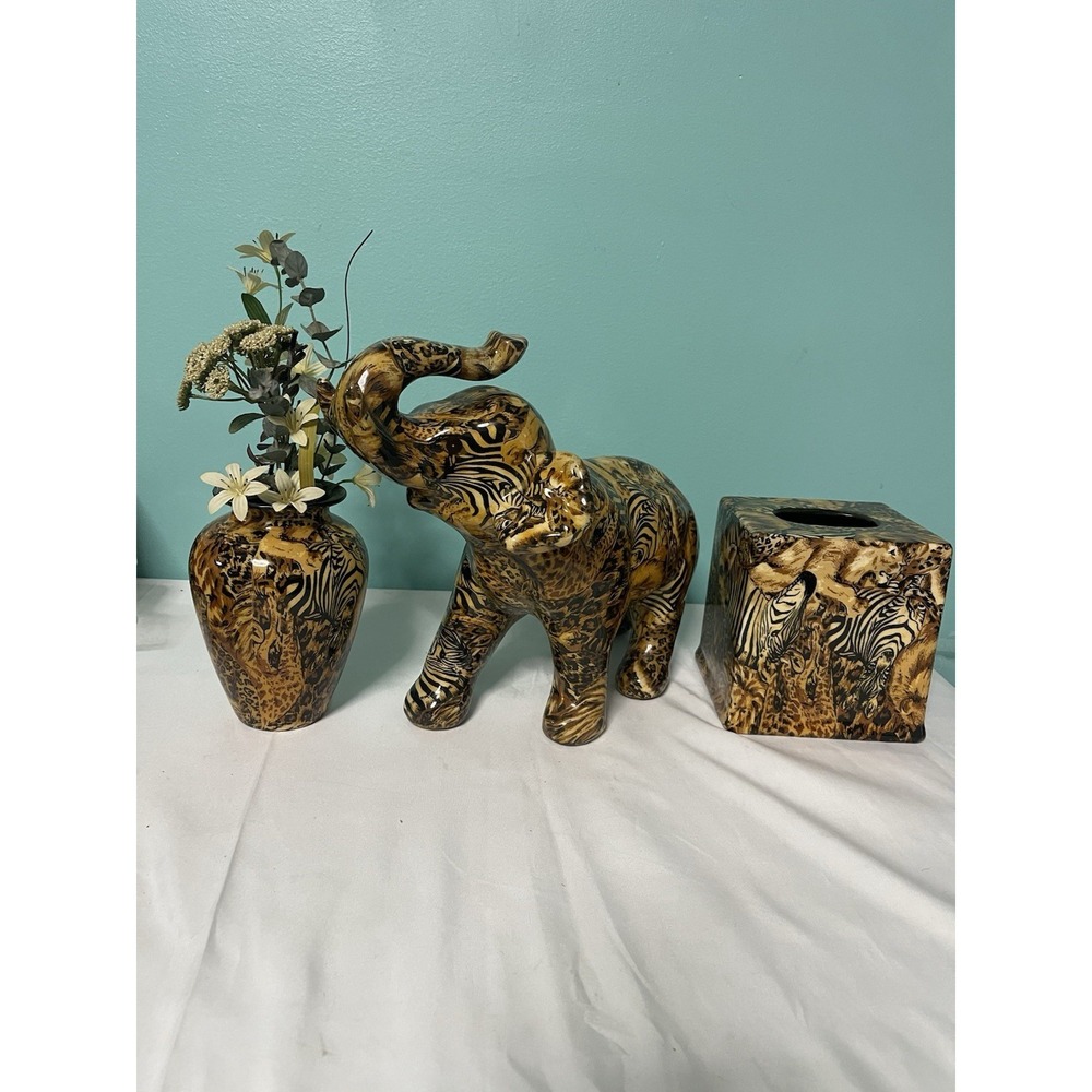 VTG La Vie 3 Piece Elephant, Vase, Tissue HolderSafari Patchwork Glazed Ceramic
